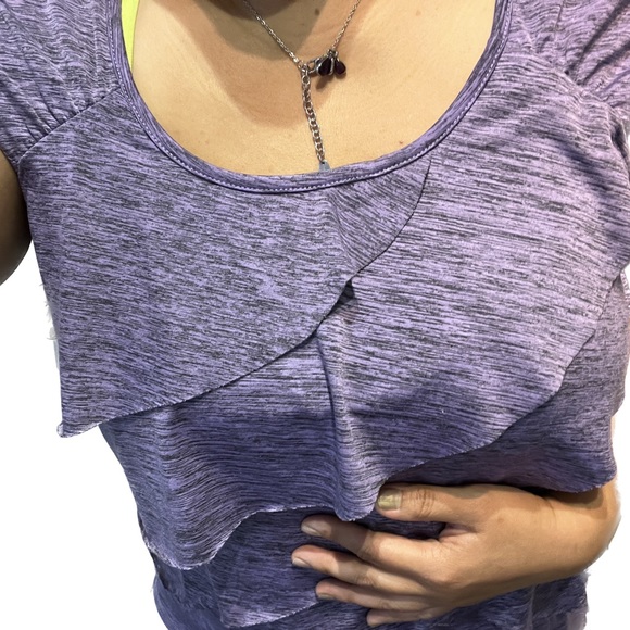 AB STUDIO Heather Purple Lilac Tiered Layered Ruffle Top Shirt Blouse Stretch L - Picture 2 of 11